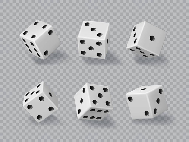 Kostky, kostky kasinové hry, 3D kostky bílé a černé izolované realistický vektor. Kostky nebo kostky pro poker hazardní hry a štěstí šanci a backgammon hry, kostky v náhodném házení - Vektor, obrázek