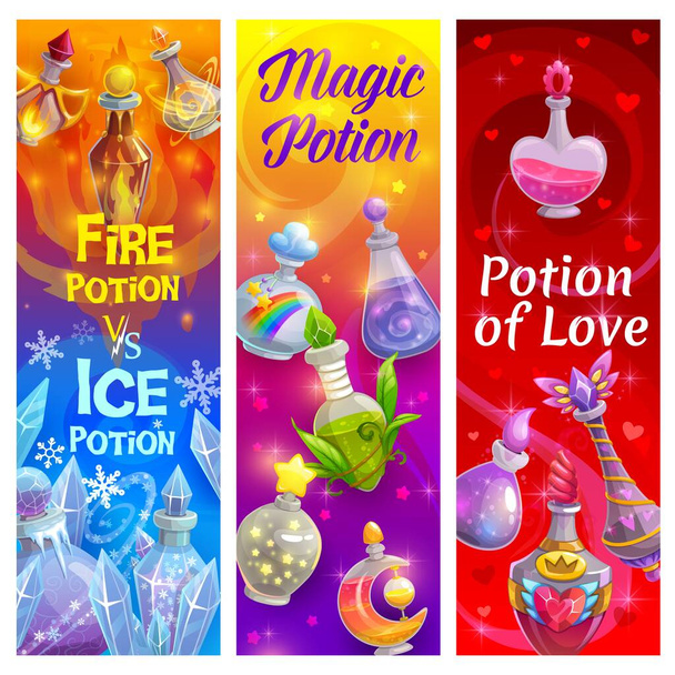 瓶の中の愛のポーション,魔法の毒錬金術のバナー,ベクトル.愛のポーションとエリキシル、漫画のクリスタルハートバイアル、輝く情熱カクテルと氷と火の妖精の愛の呪文化学 - ベクター画像
