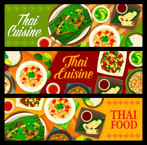 Cuisine thaïlandaise, menu de plats de restaurant asiatique en Thaïlande, bannières vectorielles. Cuisine thaïlandaise couverture de cuisson avec curry de poulet épicé, soupes et salades, déjeuner de fruits de mer chili, nouilles pad thaï et riz à la noix de coco - Vecteur, image