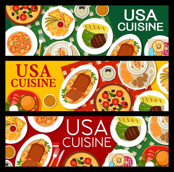 Amerykańskie banery kulinarne, menu na obiad w restauracji i kawiarni, wektor. USA autentyczne dania i kuchnia amerykańska, dania kuchni światowej, śniadanie lub tradycyjna kolacja i autentyczne jedzenie dla smakoszy - Wektor, obraz