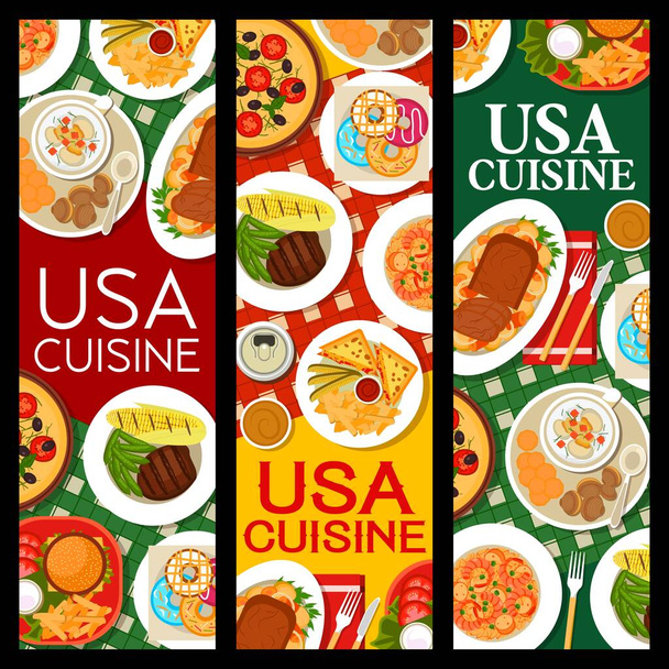 USA food, American cuisine menu for restaurant and cafe, vector banners. Traditional American cuisine lunch, dinner and breakfast dishes, sandwiches and roast beef meals with french fires and donuts - Vector, Image