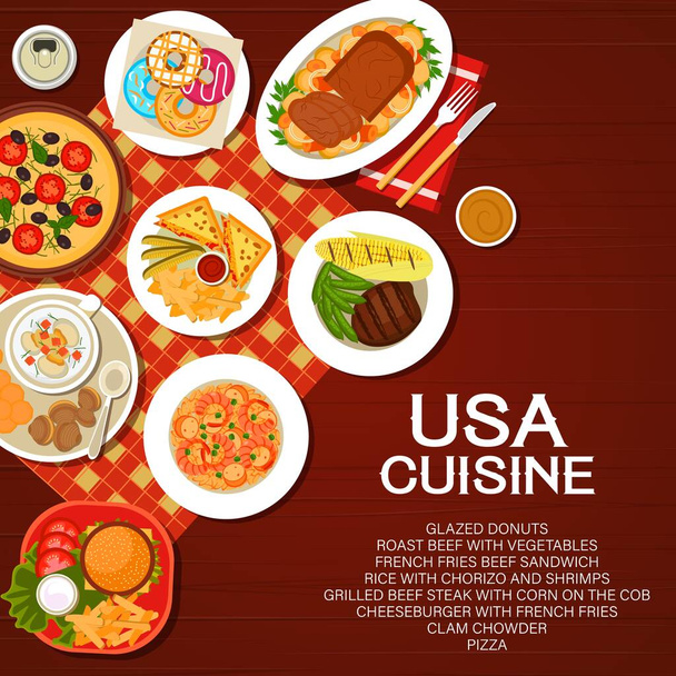 Amerikai konyha, amerikai étlap borító, vektoros ételek és ételek. Amerikai étterem és kávézó hagyományos, ebéd vacsora és reggeli étel menü poszter szendvics, sajtburger, sült krumpli és pizza - Vektor, kép