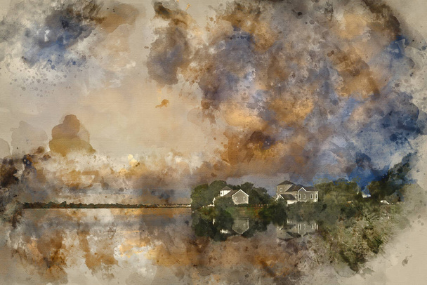 Digitális akvarell festés lenyűgöző mammatus felhők képződnek a tó táj felett közvetlenül az erőszakos vihar előtt - Fotó, kép