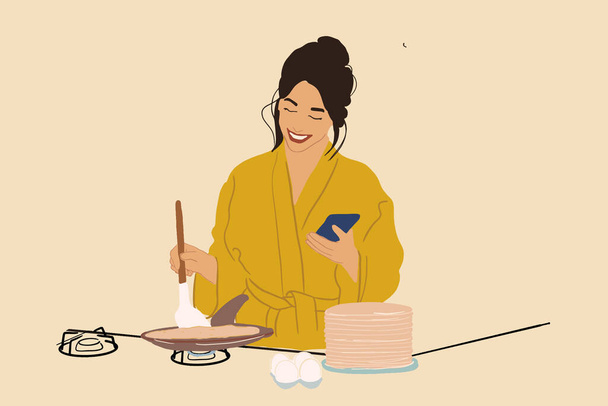 Nainen kylpytakissa valmistaa pannukakkuja liedellä - Vektori, kuva