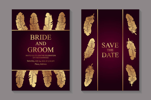 Diseño moderno de invitación de boda de lujo o plantillas de tarjeta para felicitación de cumpleaños o certificado o póster con plumas de oro sobre un fondo rojo. - Vector, Imagen