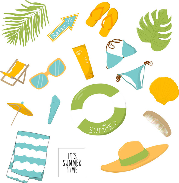 Zestaw przedmiotów letnich. Akcesoria plażowe strój kąpielowy, klapki, śmietana, parasol, kapelusz, ręcznik. - Wektor, obraz