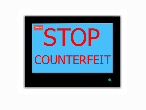 Slogan STOP COUNTERFEIT na tela de televisão
 - Foto, Imagem