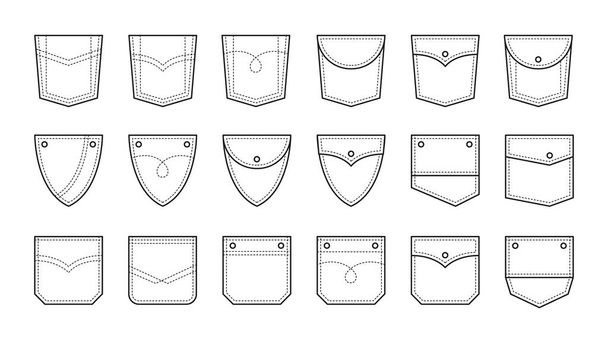 Set of patch pocket icons for denim pants and other clothing. Isolated line vector illustration - Vector, Image