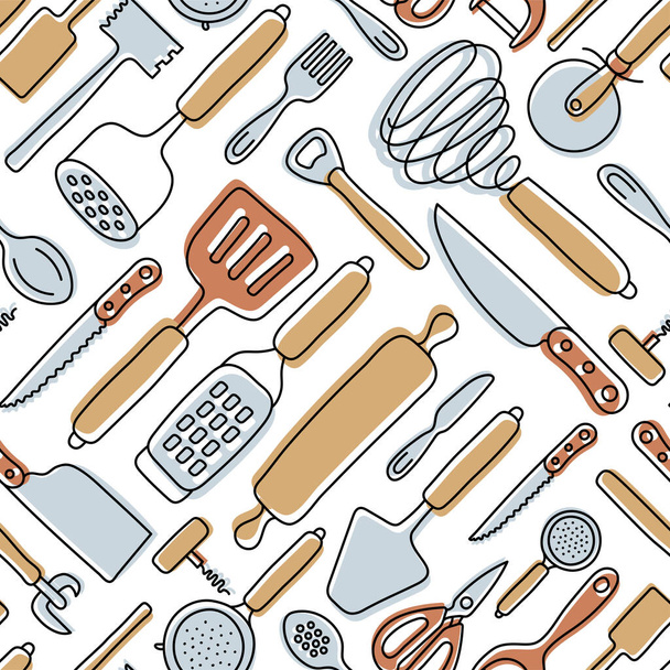 シームレスなパターンを編み出すキッチン。キッチンウェアのスケッチセット。工具ラインベクトル器具、工具、刃物。スパチュラ、スプーン、ナイフ、ふるい、はさみ。野菜の皮、泡立て器、ボトルオープナー - ベクター画像