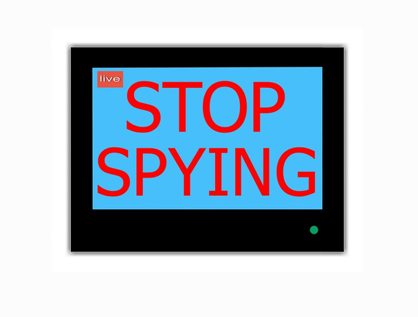 Slogan STOP SPYING na tela de televisão
 - Foto, Imagem