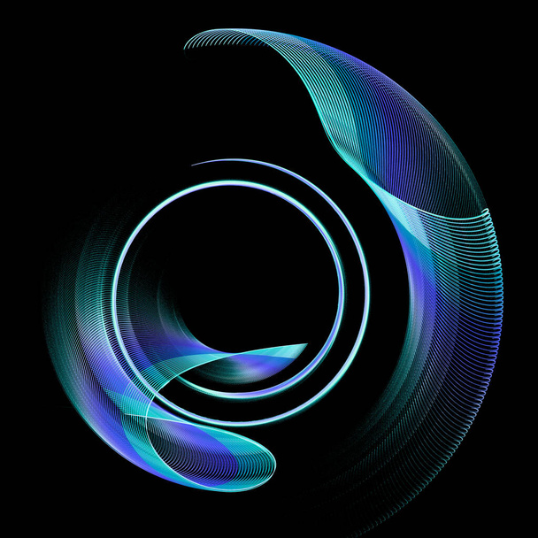 I piani ondulati trasparenti a strisce blu ruotano a spirale su uno sfondo nero. Elemento grafico di design. Rendering 3D. Illustrazione 3d. Simbolo, segno, icona, logo. - Foto, immagini