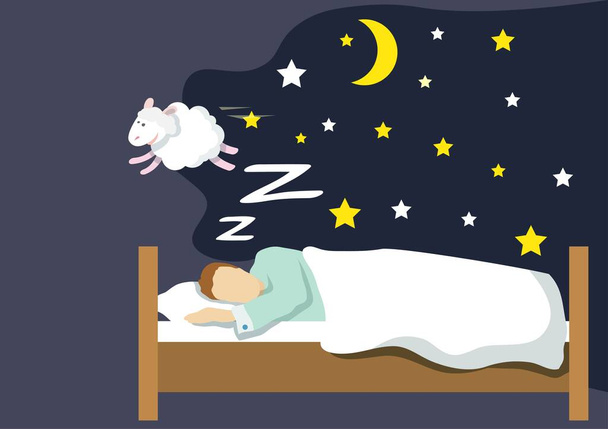 若い男は眠りに落ちる前に不安を和らげるために残された羊の数を数えました。フラットスタイル漫画イラストベクトル - ベクター画像