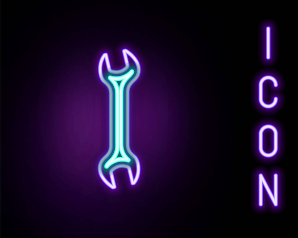 Leuchtende Leuchtschrift Schraubenschlüssel-Symbol isoliert auf schwarzem Hintergrund. Schlüsselreparaturwerkzeug. Service-Tool-Symbol. Buntes Rahmenkonzept. Vektor - Vektor, Bild