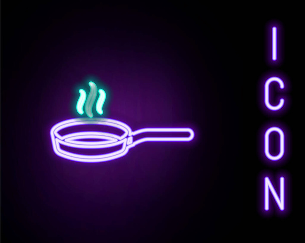 Świecąca neonowa linia Ikona patelni odizolowana na czarnym tle. Smażyć lub pieczeń żywności symbol. Kolorowy koncept. Wektor - Wektor, obraz