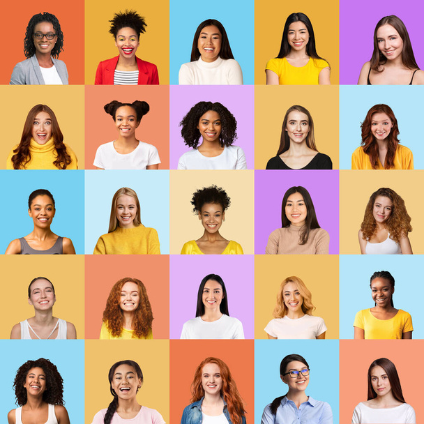 Mosaic Of Happy Young Women Portraits Over Colorful Backgrounds, Square - Fotó, kép