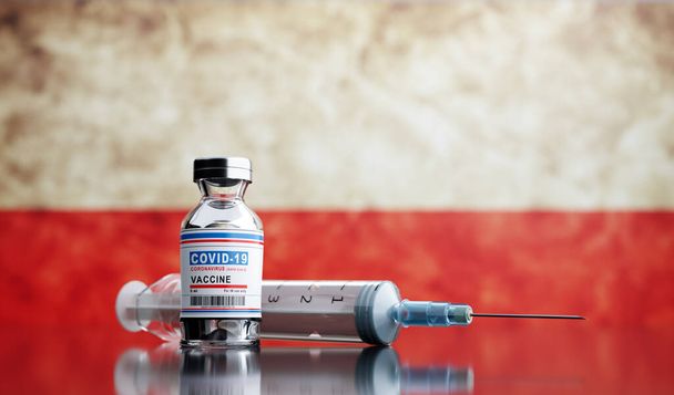 Coronavirus Covid-19 rokote Puolan lipussa. Covid19 rokotus lääketiede - Valokuva, kuva