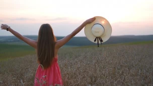 Back view of young happy woman in red summer dress and straw hat standing on yellow farm meadow with ripe golden wheat raising up her hands enjoying warm evening. - Footage, Video