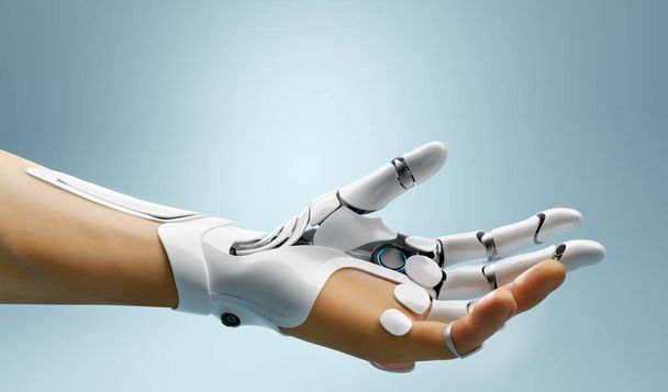 Mano biónica robótica conectada con la mano humana. Tecnología moderna, medicina de prótesis. Ilustración 3D - Foto, imagen