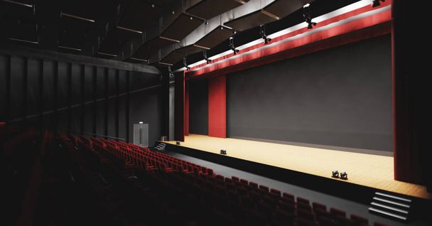 Teatro con escenario vacío en el centro de atención. Cortina de teatro roja y asientos. Ilustración 3D - Foto, imagen