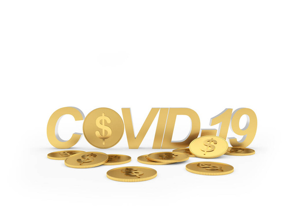 COVID-19 κείμενο με κέρματα δολαρίου σε λευκό. 3D εικονογράφηση - Φωτογραφία, εικόνα