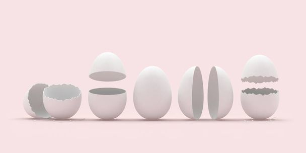 Ensemble de différentes coquilles d'œufs blanches cassées sur un fond pastel rose. Illustration 3d  - Photo, image