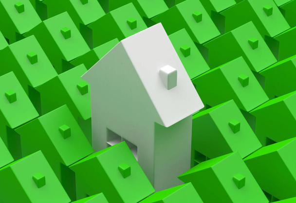 Рядки зелених будинків з однією унікальною іконою білого будинку. 3d ілюстрація
  - Фото, зображення