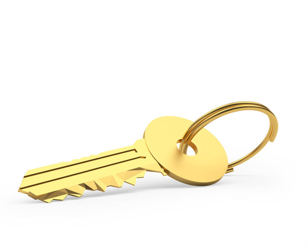Clé dorée avec porte-clés isolé sur blanc. Illustration 3D  - Photo, image