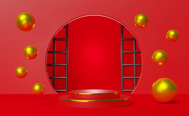 podio vacío y bola con divisor de sala de pantalla en composición roja para la exhibición moderna del escenario y maqueta minimalista, fondo abstracto de la vitrina, ilustración del concepto 3d o renderizado 3d - Foto, imagen
