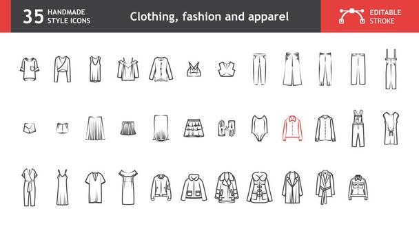 Clothing, fashion and apparel icons. T-shirts, blouses, tops, trousers, leggings, etc. 35 handmade style icons, vector images, with editable stroke. Ready to be used in any design project. - Vector, Image