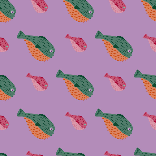 Tekenfilm onderwater naadloos patroon met groen gekleurde vis fugu ornament. Pastel paarse achtergrond. Perfect voor stof ontwerp, textiel print, verpakking, cover. Vectorillustratie. - Vector, afbeelding