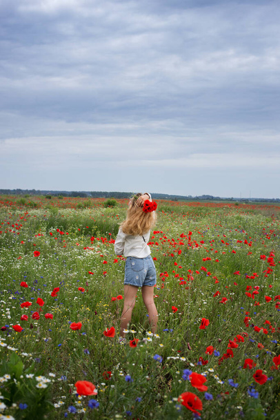 mujer joven irreconocible en pantalones vaqueros se encuentra con su espalda entre las flores de amapolas y acianos en el prado. Hola verano. Desintoxicación digital, búsqueda de inspiración. Energía de la tierra - Foto, imagen