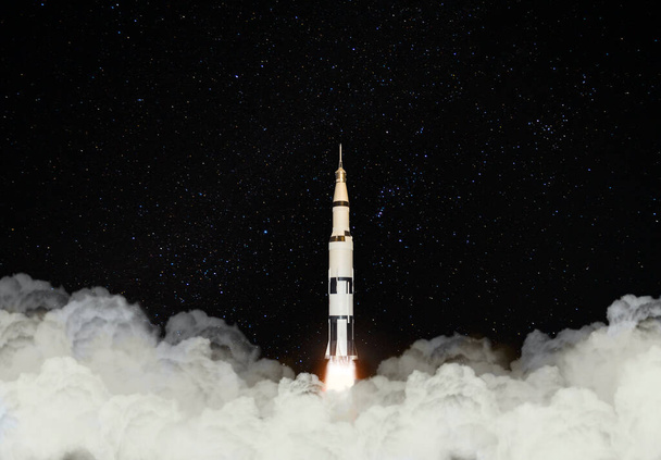 Ilustración de imagen 3d modelo de cohete espacial multietapa en blanco y negro pasa la nube al universo de exploración a alta velocidad en la galaxia. - Foto, Imagen