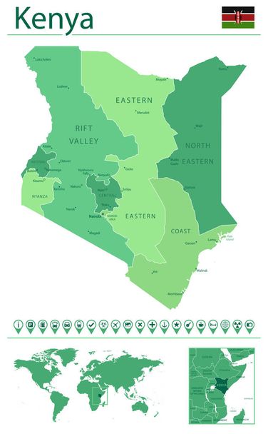 Részletes térkép Kenya ország zászlóval és helyen a világtérképen. Vektorillusztráció - Vektor, kép
