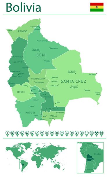 ボリビアの詳細な地図国の旗と世界地図上の場所。ベクターイラスト - ベクター画像