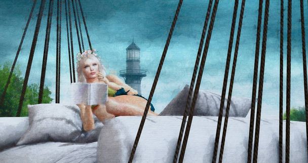 3D виртуальное изображение. Молодая блондинка читает книгу, раскачиваясь на пляже.. - Фото, изображение