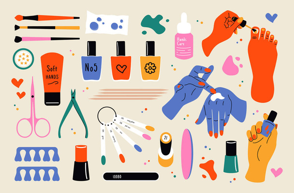 Nagelverzorging doodle tools. Cosmetica vector set, schoonheidssalon service, manicure apparatuur. Crème, borstel, vrouwelijke handen - Vector, afbeelding