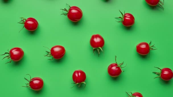 líneas de tomate se mueven en diferentes direcciones sobre un fondo verde, vista superior. animación stop motion - Imágenes, Vídeo