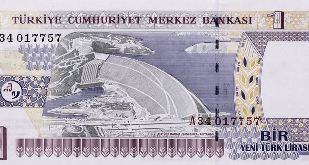 Zabytkowa tama Ataturk, Portret z Turcji 1 Lira 2005 Banknoty. - Zdjęcie, obraz