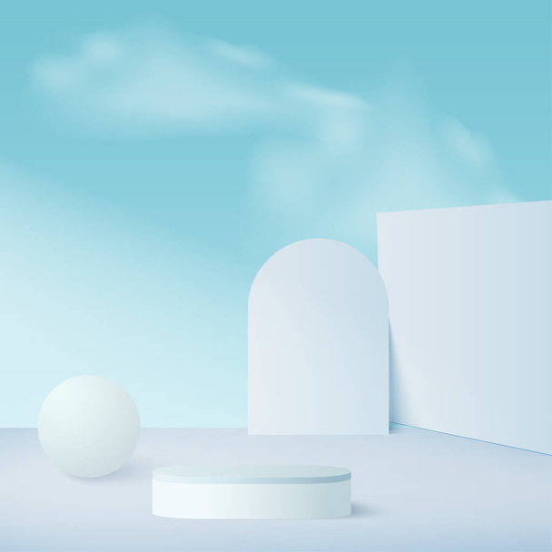 Abstrakter Hintergrund mit blauem Himmel und geometrischen 3D-Podien. Vektorillustration. - Vektor, Bild
