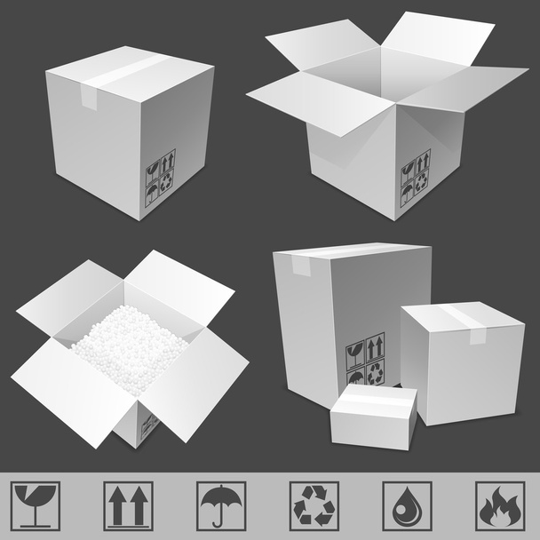 Set of white cardboard boxes and signs. - Vector, Imagen