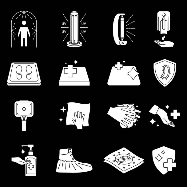 Disinfection icons. Cleaning and sanitizer surface, wash hand gel, UV lamp, sanitizing mat, thermographic camera, antiviral cover, antibacterial protection, disinfection tunnel. Antiviral symbol set - Vector, Image