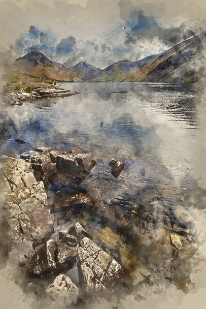 Pintura aquarela da paisagem deslumbrante de águas residuais e picos do distrito do lago no dia de verão refletida no lago perfeito - Foto, Imagem