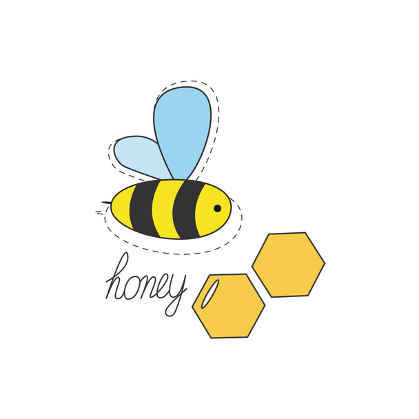 Abelha com a inscrição Mel isolado em um fundo branco. Conceito de vida bela abelha para impressão, embalagem, néctar, mel, têxteis e outros fins. Ilustração vetorial - Vetor, Imagem