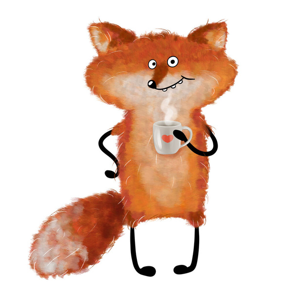 Raposa bonito com xícara de café. ilustração raposa desenhada à mão - Foto, Imagem