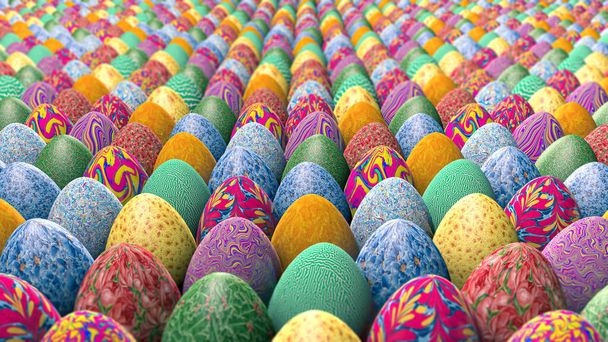 3D απεικόνιση πολλών πολύχρωμων αυγών του Πάσχα. Πάσχα διακοσμήσεις διακοπών, Πάσχα έννοια φόντο. - Φωτογραφία, εικόνα