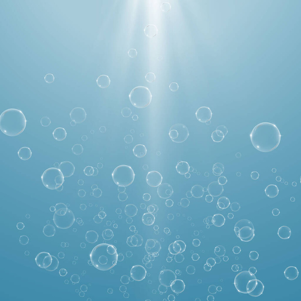 Burbujas de aire transparentes debajo de los rayos sobre fondo transparente. Chispas efervescentes en el agua, el mar, el acuario, el océano.Textura vectorial submarina. - Vector, imagen