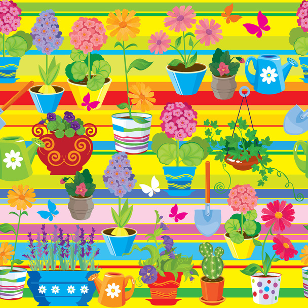 Seamless pattern with spring and summer flowers in pots. Ready t - Vector, Imagen