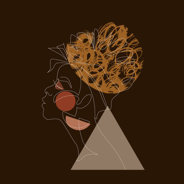 Mujer negra afro retrato con formas geométricas, texturas grunge fondo. Perfil femenino línea continua art. Concepto de belleza abstracta vectorial Ilustración para avatares, moda, diseño contemporáneo - Vector, imagen
