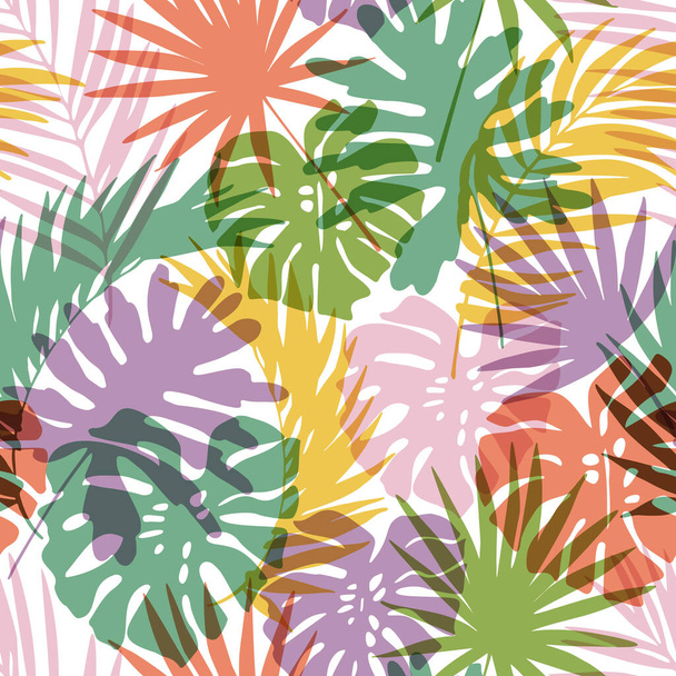 Patrón natural de la selva sin costuras. Fondo abstracto de verano tropical dibujado a mano: hoja de palma colorida, siluetas de hojas de monstera. Ilustración vectorial en color gradiente pastel Diseño tropical dibujado a mano - Vector, Imagen
