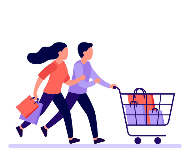 Couple man and woman hurry run with shopping cart to sale in shop, buyers rush. Family buyer with shopping cart rush to sale and discount items. Vector illustration - Vector, Image